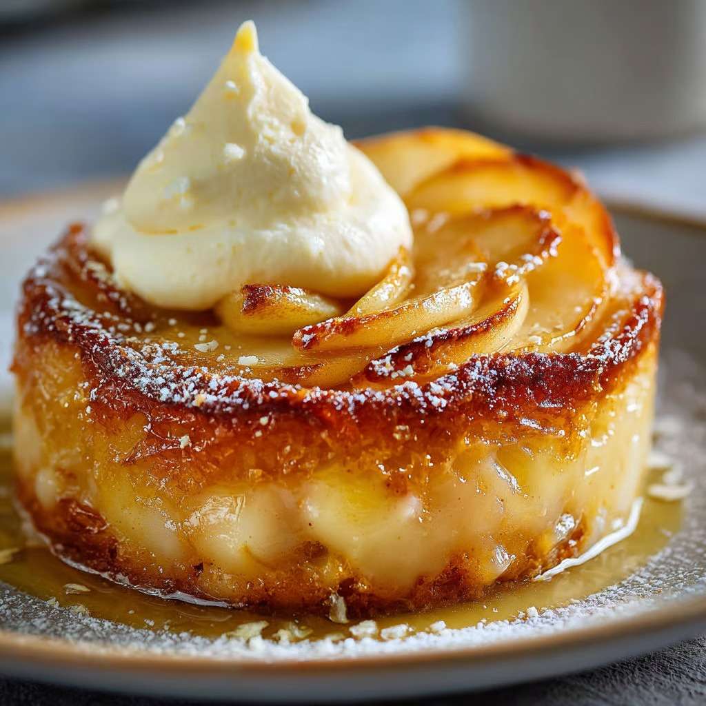 Gâteau fondant aux pommes et mascarpone avec morceaux de pommes caramélisées et texture moelleuse, servi tiède sur une assiette élégante.