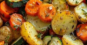 Plateau de légumes rôtis au four avec pommes de terre, carottes, courgettes et oignons dorés, parfumés à l’ail et aux herbes.