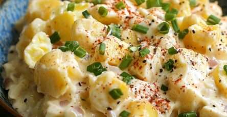 Saladier de salade de pommes de terre classique avec morceaux de pommes de terre fondants, œufs durs, oignon rouge, céleri, cornichons et ciboulette fraîche.