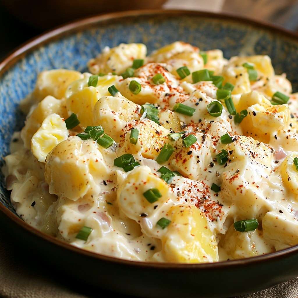 Saladier de salade de pommes de terre classique avec morceaux de pommes de terre fondants, œufs durs, oignon rouge, céleri, cornichons et ciboulette fraîche.