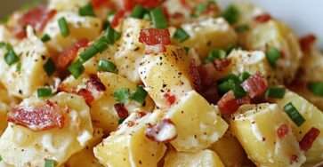 Saladier de salade de pommes de terre au bacon et à l’ail avec rondelles de pommes de terre fondantes, bacon croustillant, persil frais haché et vinaigrette tiède parfumée.