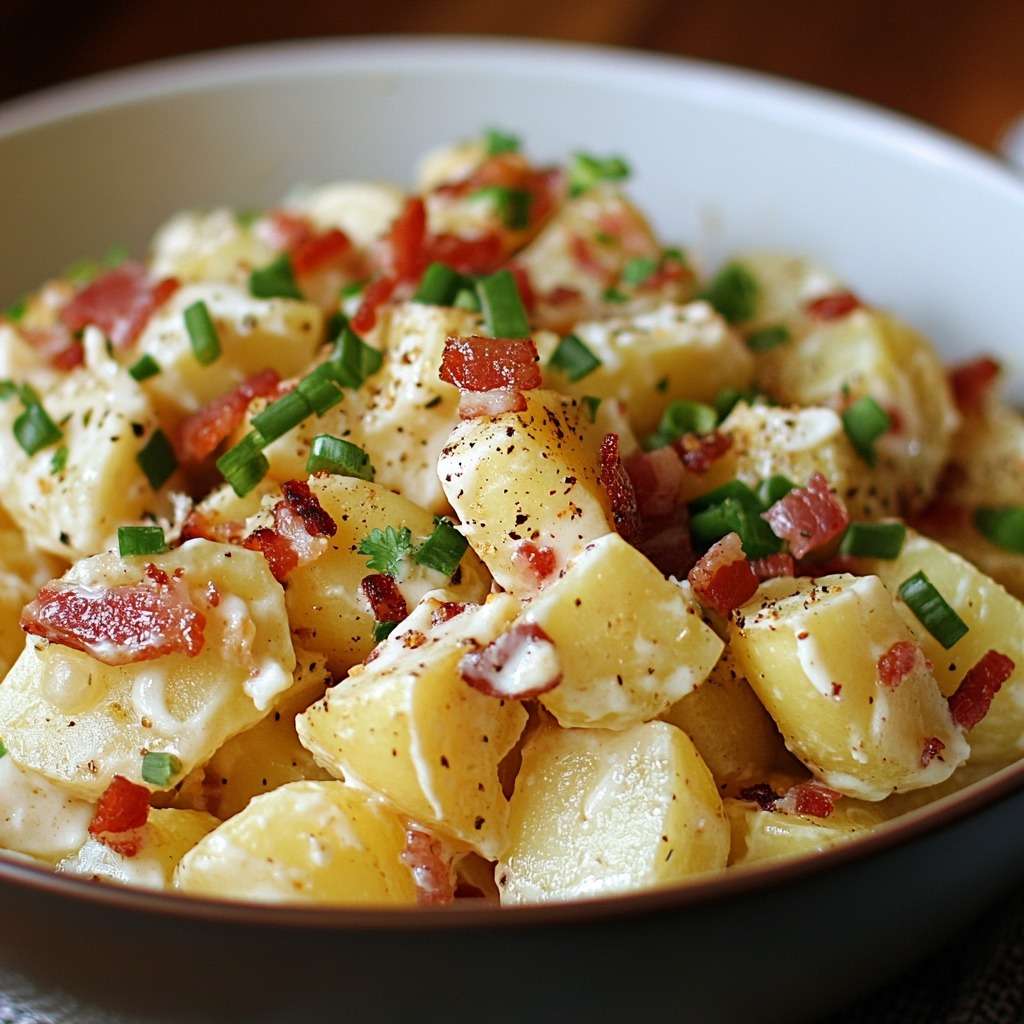 Saladier de salade de pommes de terre au bacon et à l’ail avec rondelles de pommes de terre fondantes, bacon croustillant, persil frais haché et vinaigrette tiède parfumée.