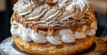 Paris-Brest traditionnel en couronne avec pâte à choux dorée, amandes effilées grillées et garniture généreuse de crème mousseline pralinée.