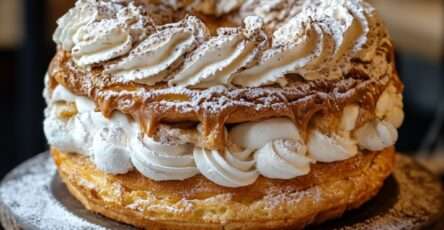 Paris-Brest traditionnel en couronne avec pâte à choux dorée, amandes effilées grillées et garniture généreuse de crème mousseline pralinée.