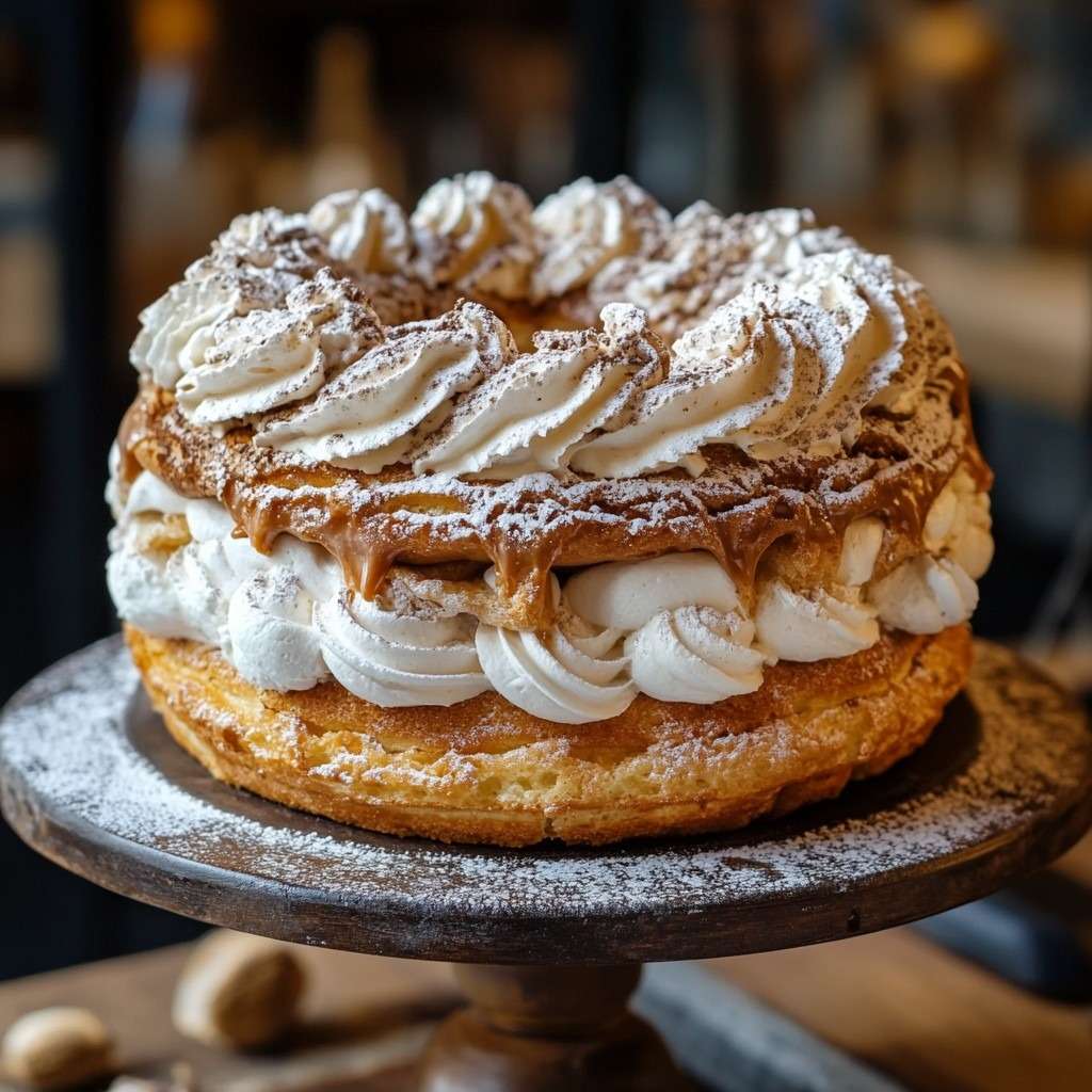 Paris-Brest traditionnel en couronne avec pâte à choux dorée, amandes effilées grillées et garniture généreuse de crème mousseline pralinée.