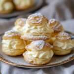 Choux à la crème vanille dorés et garnis, saupoudrés de sucre glace, avec une texture légère et une crème pâtissière onctueuse visible à l’intérieur.