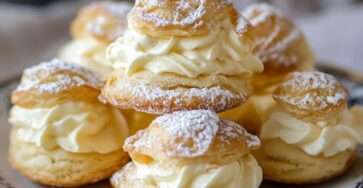Choux à la crème vanille dorés et garnis, saupoudrés de sucre glace, avec une texture légère et une crème pâtissière onctueuse visible à l’intérieur.