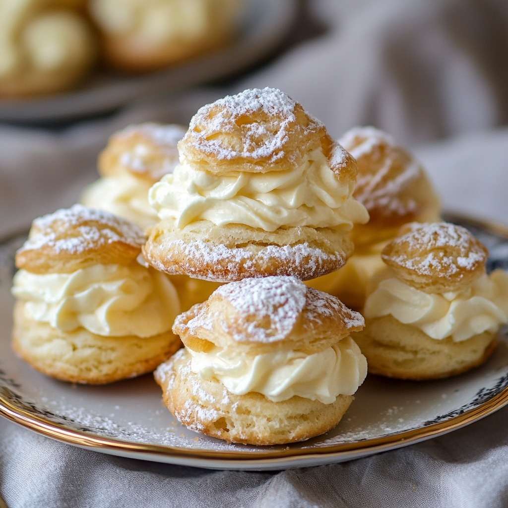 Choux à la crème vanille dorés et garnis, saupoudrés de sucre glace, avec une texture légère et une crème pâtissière onctueuse visible à l’intérieur.