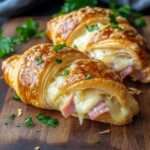 Croissant jambon fromage dorés au four avec fromage fondu et filant, intérieur moelleux et extérieur croustillant, servis chauds.
