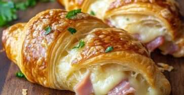 Croissant jambon fromage dorés au four avec fromage fondu et filant, intérieur moelleux et extérieur croustillant, servis chauds.