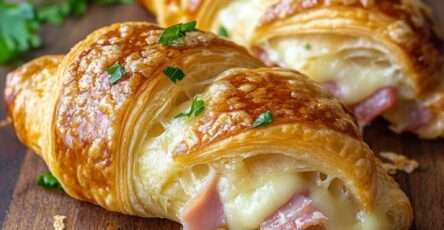 Croissant jambon fromage dorés au four avec fromage fondu et filant, intérieur moelleux et extérieur croustillant, servis chauds.