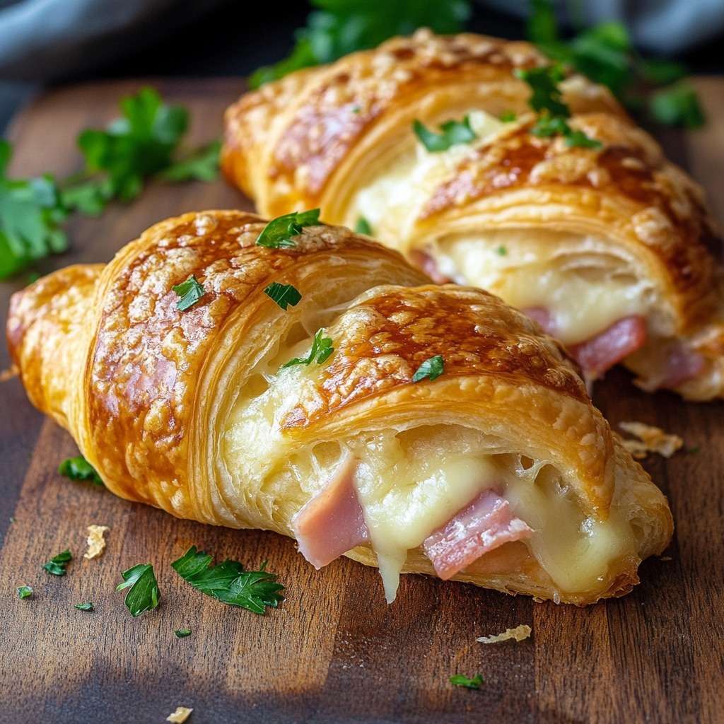Croissant jambon fromage dorés au four avec fromage fondu et filant, intérieur moelleux et extérieur croustillant, servis chauds.