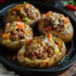 Pommes de terre farcies à la saucisse et aux poivrons, gratinées avec fromage fondu doré, servies chaudes dans un plat au four.