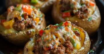 Pommes de terre farcies à la saucisse et aux poivrons, gratinées avec fromage fondu doré, servies chaudes dans un plat au four.