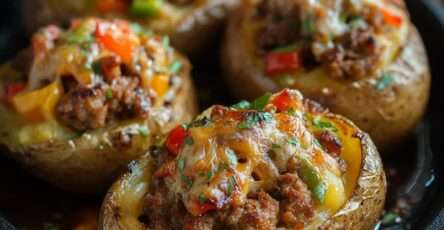 Pommes de terre farcies à la saucisse et aux poivrons, gratinées avec fromage fondu doré, servies chaudes dans un plat au four.