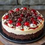 Cheesecake chocolat façon Forêt-Noire avec croûte de biscuits, garniture crémeuse au cacao, cerises brillantes et chantilly décorée de copeaux de chocolat.