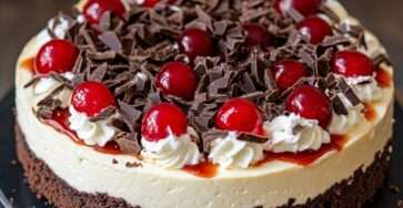 Cheesecake chocolat façon Forêt-Noire avec croûte de biscuits, garniture crémeuse au cacao, cerises brillantes et chantilly décorée de copeaux de chocolat.