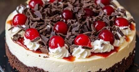 Cheesecake chocolat façon Forêt-Noire avec croûte de biscuits, garniture crémeuse au cacao, cerises brillantes et chantilly décorée de copeaux de chocolat.