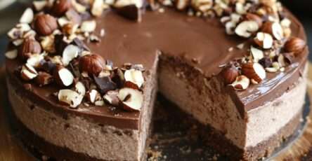 Cheesecake sans cuisson au Nutella et noisette avec base biscuitée, garniture crémeuse lisse et décor de noisettes, chocolat et filet de Nutella.