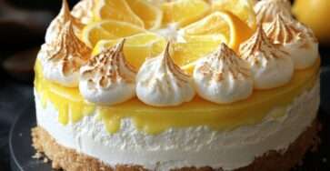 Cheesecake citron meringué avec base biscuitée dorée, garniture crémeuse au citron et meringue italienne caramélisée sur le dessus.