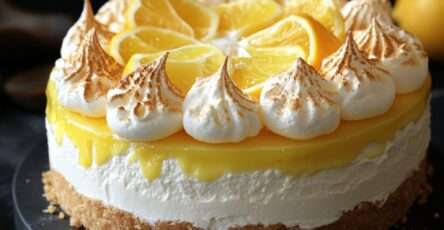 Cheesecake citron meringué avec base biscuitée dorée, garniture crémeuse au citron et meringue italienne caramélisée sur le dessus.