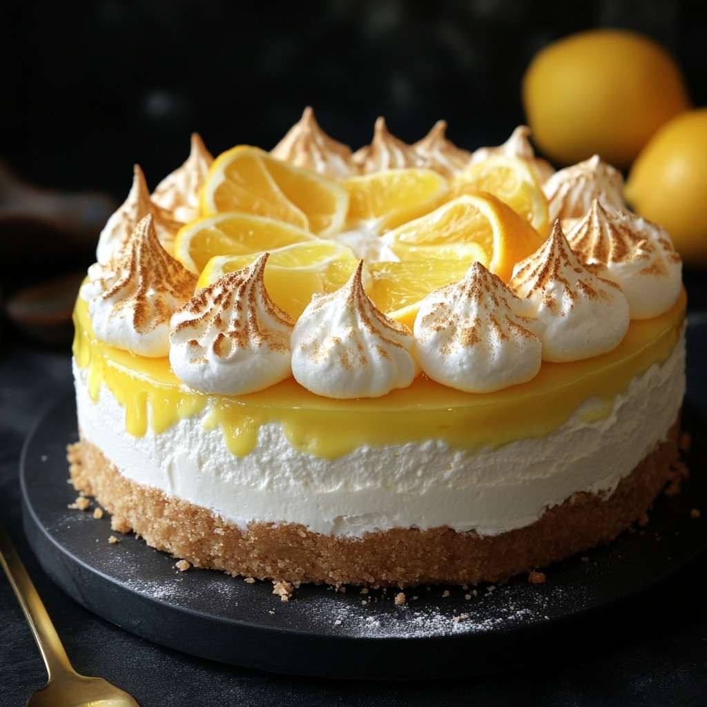 Cheesecake citron meringué avec base biscuitée dorée, garniture crémeuse au citron et meringue italienne caramélisée sur le dessus.