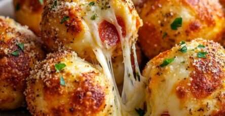 Bombes à pizza dorées au four avec cœur de mozzarella filante et pepperoni, surface croustillante au beurre et parmesan.