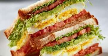 Sandwich froid gourmand garni de pain de mie grillé, avocat écrasé, rondelles d’œuf dur, tomate fraîche, salade verte et jeunes pousses, coupé en triangle sur une assiette claire.