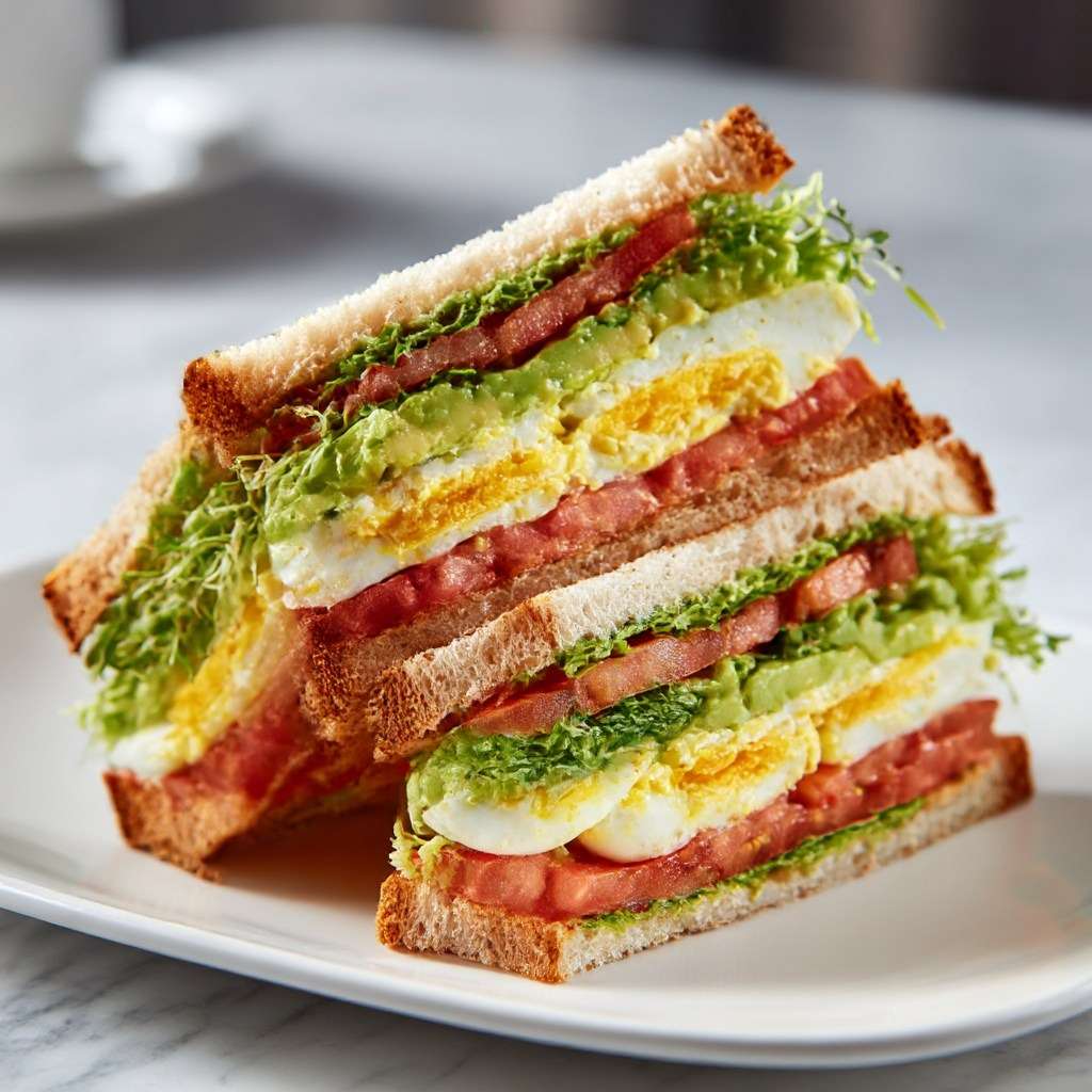 Sandwich froid gourmand garni de pain de mie grillé, avocat écrasé, rondelles d’œuf dur, tomate fraîche, salade verte et jeunes pousses, coupé en triangle sur une assiette claire.