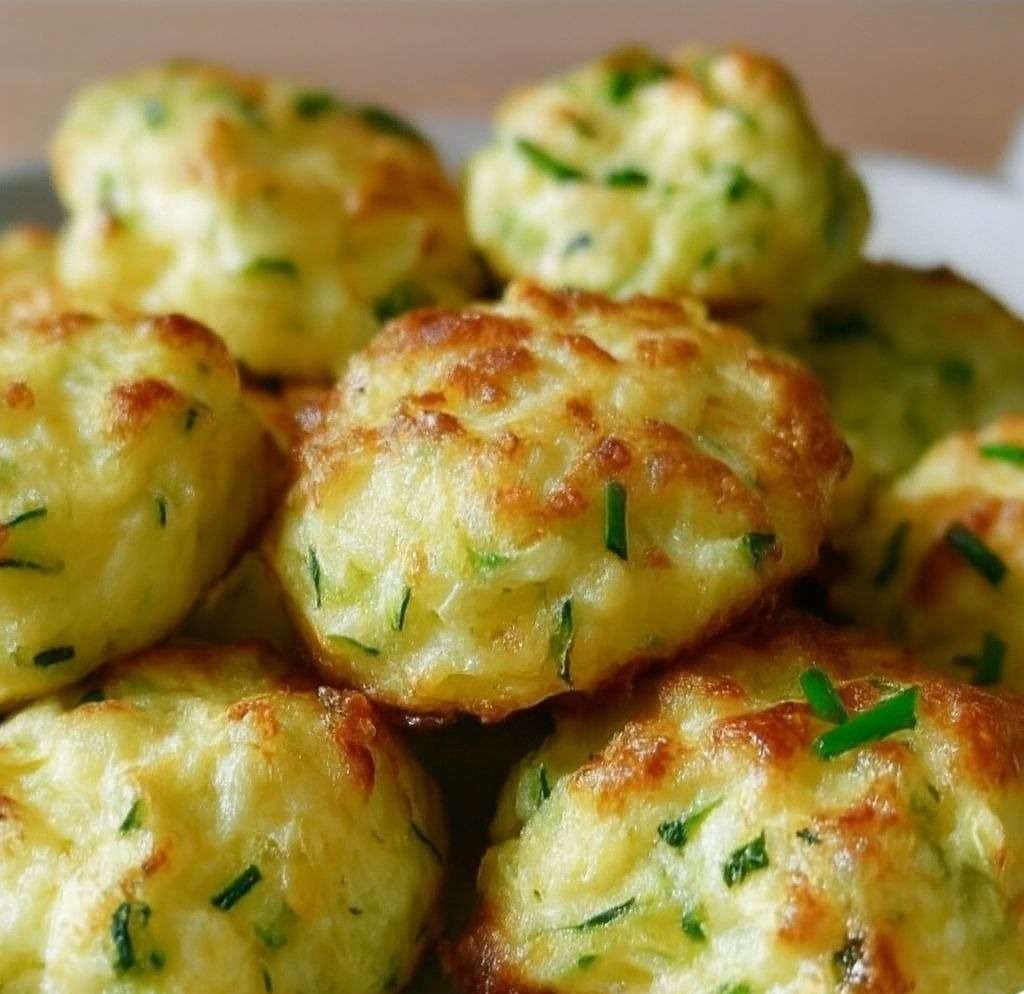 Petits nuages de courgettes au fromage cuits au four, dorés à l’extérieur et moelleux à l’intérieur, disposés sur une plaque avec herbes fraîches.
