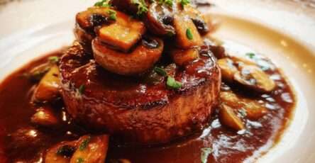 Tournedos de bœuf épais nappé de sauce au vin rouge brillante, accompagné de champignons dorés et parsemé de persil frais dans une assiette élégante.