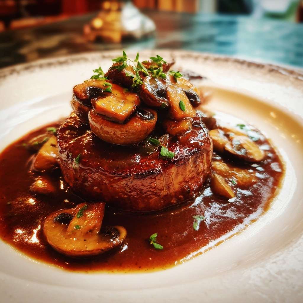 Tournedos de bœuf épais nappé de sauce au vin rouge brillante, accompagné de champignons dorés et parsemé de persil frais dans une assiette élégante.