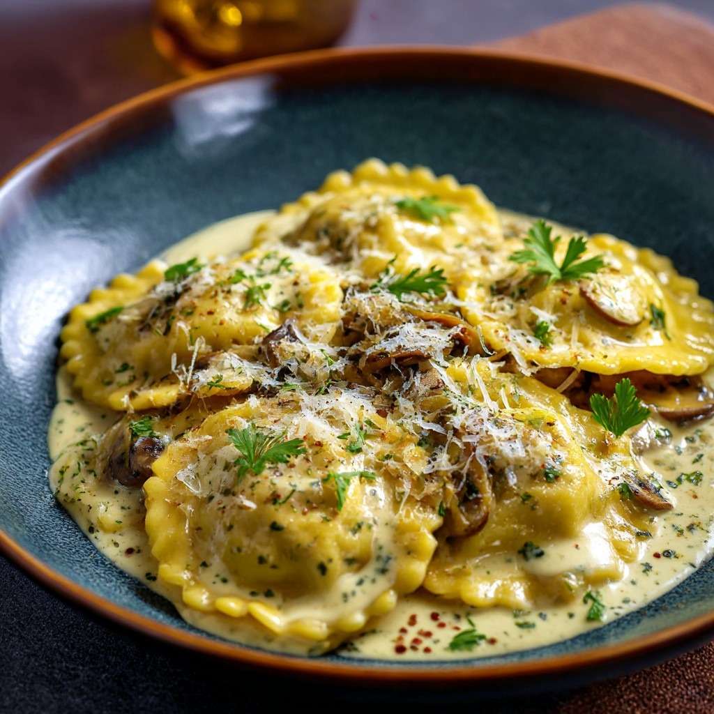 Ravioli maison farcis aux champignons nappés de sauce crémeuse au parmesan, servis dans une assiette creuse avec persil frais et fromage râpé.
