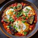 Chakchouka aux aubergines grillées et pois chiches avec œufs pochés dans une sauce tomate épicée, garnie de persil frais dans une poêle rustique.