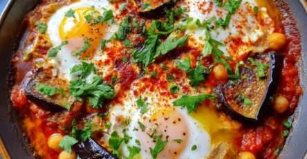 Chakchouka aux aubergines grillées et pois chiches avec œufs pochés dans une sauce tomate épicée, garnie de persil frais dans une poêle rustique.