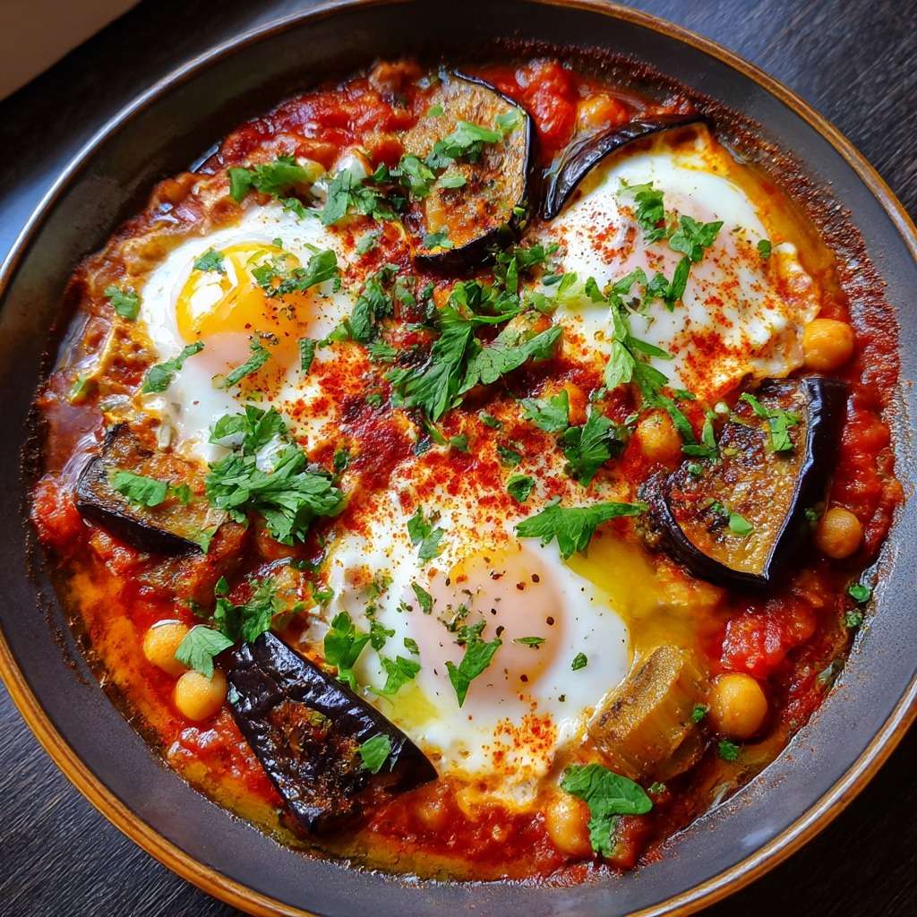 Chakchouka aux aubergines grillées et pois chiches avec œufs pochés dans une sauce tomate épicée, garnie de persil frais dans une poêle rustique.