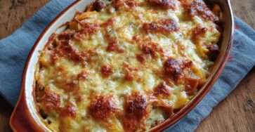 ratin doré de viande hachée et légumes avec couches de pommes de terre fondantes et fromage gratiné croustillant en surface dans un plat au four.