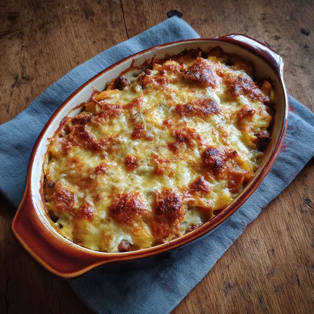 ratin doré de viande hachée et légumes avec couches de pommes de terre fondantes et fromage gratiné croustillant en surface dans un plat au four.