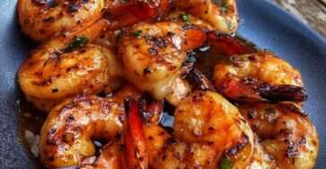 Crevettes sautées brillantes nappées de sauce miel-soja avec ail doré et herbes fraîches, servies dans une poêle avec une finition brillante.