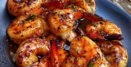 Crevettes sautées brillantes nappées de sauce miel-soja avec ail doré et herbes fraîches, servies dans une poêle avec une finition brillante.