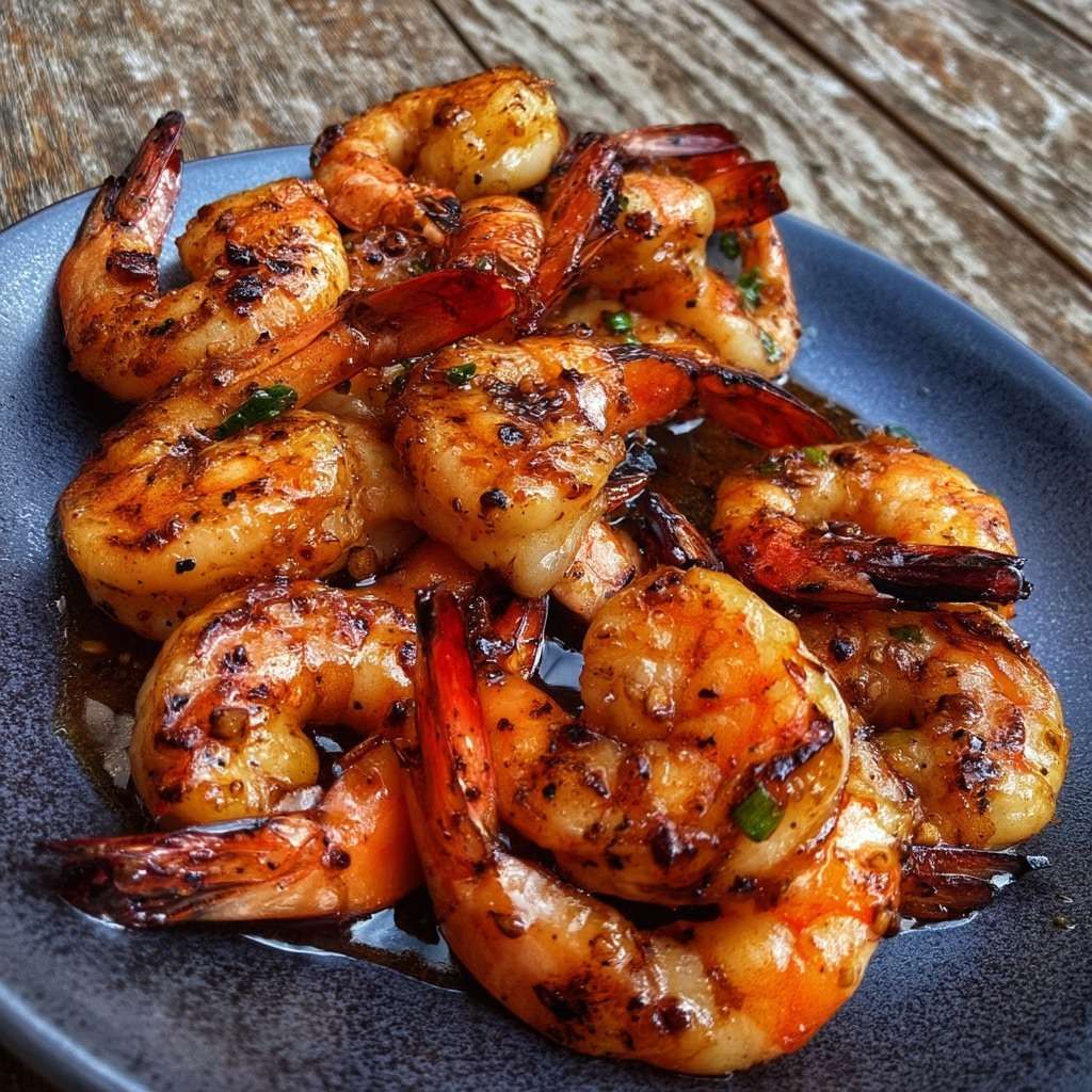 Crevettes sautées brillantes nappées de sauce miel-soja avec ail doré et herbes fraîches, servies dans une poêle avec une finition brillante.