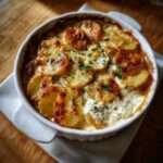 Cassolette de pommes de terre gratinées à la crème avec croûte dorée au fromage et persil frais, servie chaude dans un petit plat individuel.