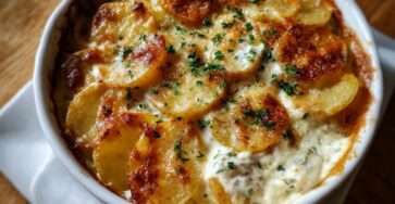 Cassolette de pommes de terre gratinées à la crème avec croûte dorée au fromage et persil frais, servie chaude dans un petit plat individuel.