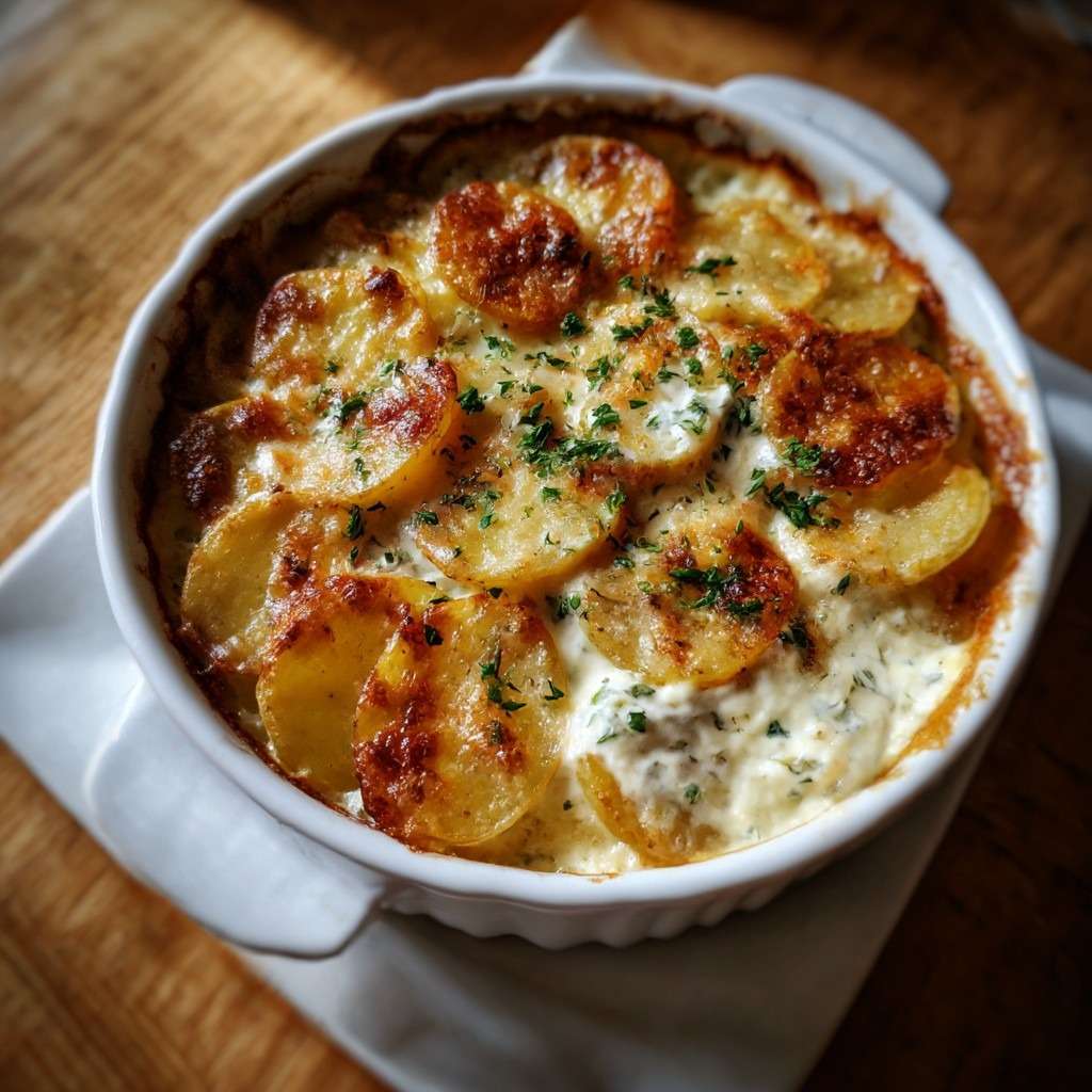 Cassolette de pommes de terre gratinées à la crème avec croûte dorée au fromage et persil frais, servie chaude dans un petit plat individuel.