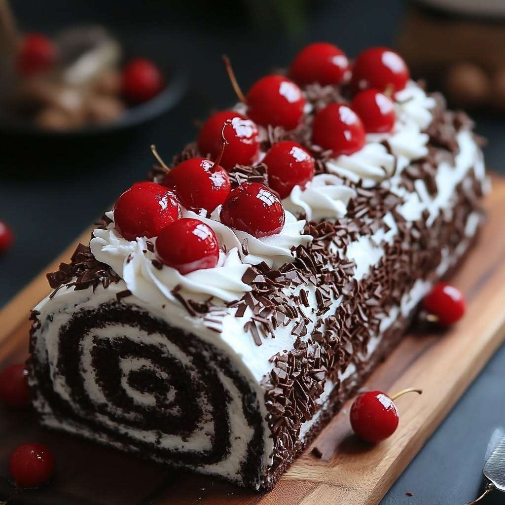 Gâteau roulé Forêt-Noire au chocolat garni de chantilly et cerises, décoré de copeaux de chocolat et sucre glace sur une assiette élégante.