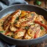 Émincé de poulet à la crème de poivrons rouges et jaunes, nappé de sauce onctueuse avec persil frais, servi chaud dans une assiette.