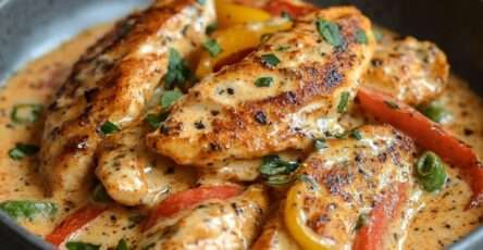 Émincé de poulet à la crème de poivrons rouges et jaunes, nappé de sauce onctueuse avec persil frais, servi chaud dans une assiette.