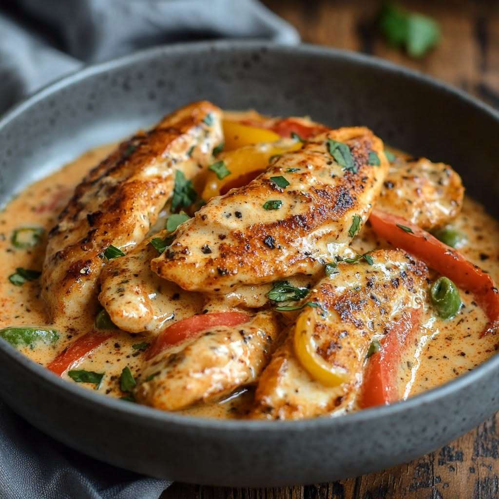 Émincé de poulet à la crème de poivrons rouges et jaunes, nappé de sauce onctueuse avec persil frais, servi chaud dans une assiette.