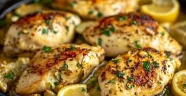 Filets de poulet au citron dorés nappés de sauce au citron et à l’ail avec rondelles de citron et persil frais dans une poêle chaude.