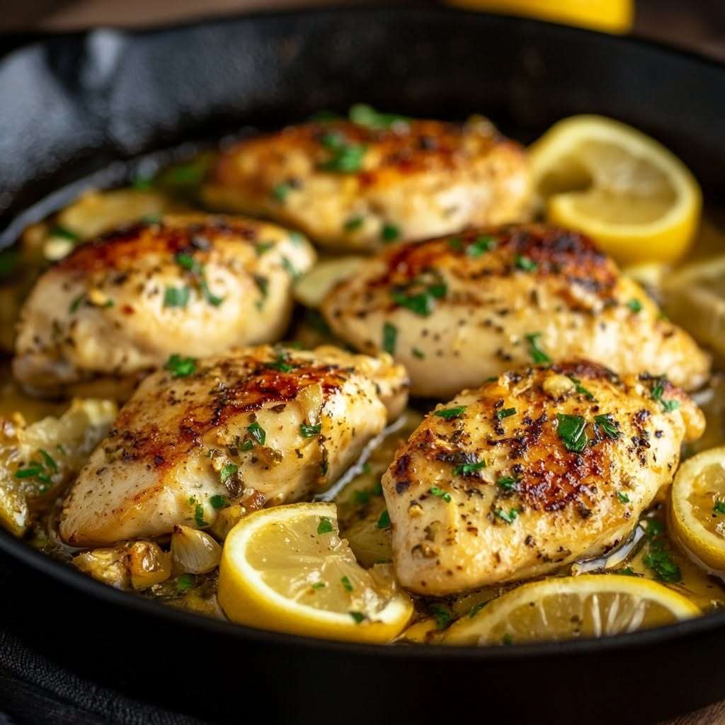 Filets de poulet au citron dorés nappés de sauce au citron et à l’ail avec rondelles de citron et persil frais dans une poêle chaude.